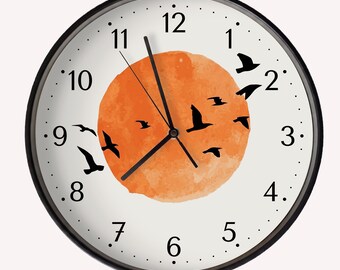 12" Silent Wall Clock | Flying Birds & Sunset Watercolor Design | Orange Sun Nature Decor