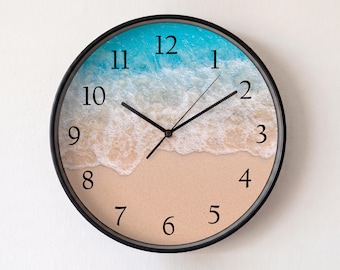 Aerial Beach Waves Wall Clock | Silent Coastal Ocean Shoreline Decor | Glass Front Seascape Art