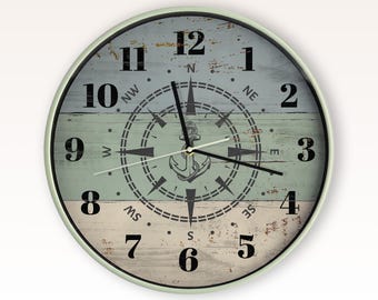 Vintage Compass Wall Clock | 12" Silent Nautical Maritime Explorer Decor (Map Theme)