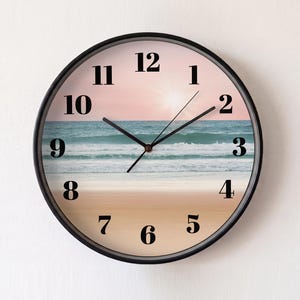 12" Silent Coastal Clock | Pink Ocean Decor | Round Glass Front Timepiece | Seascape Wall Art