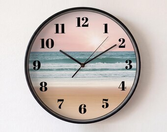 12" Silent Coastal Clock | Pink Ocean Decor | Round Glass Front Timepiece | Seascape Wall Art