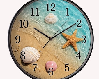 Coastal Beach Clock | Seashell Starfish Ocean Decor | Silent Nautical Wall Clock