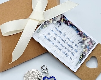 Something Blue Charm Wedding Gift GARTER/BOUQUET BRIDAL Lucky Sixpence  Gift Box