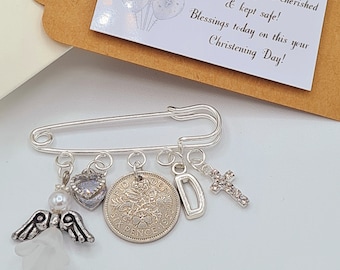 LUCKY SIXPENCE CHRISTENING Gift Kilt Pin Charm - Personalised - Initial added Gift Tag & Gift Box Free Baptism Naming Day