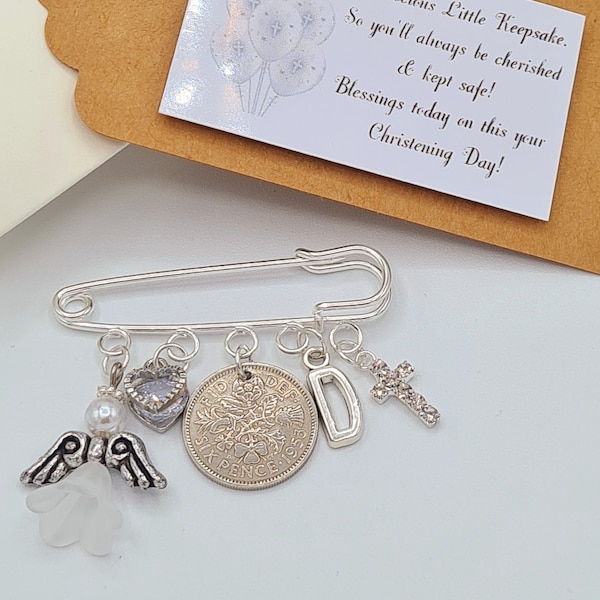 LUCKY SIXPENCE CHRISTENING Gift Kilt Pin Charm - Personalised - Initial added Gift Tag & Gift Box Free Baptism Naming Day