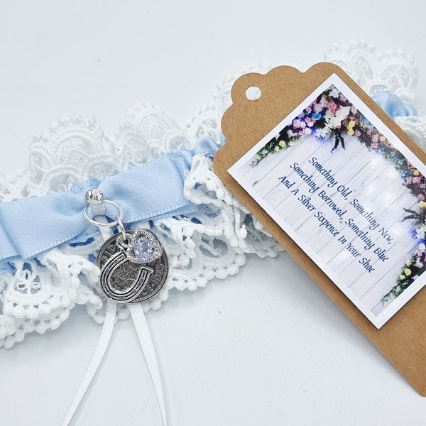 Strumpfband Hochzeit etwas Blaues Sixpence Hufeisen Braut Geschenk Hen Party Free Geschenk Bag Tag Free Porto