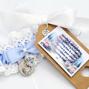 Porte-jarretelles mariage quelque chose de bleu, fer à cheval, cadeau pour la mariée, cadeau d'un enterrement de vie de jeune fille de 6 pence, étiquette de sac, frais de port gratuits
