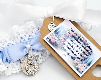 Something Blue Wedding Garter: Sixpence, Horseshoe, Bride Gift