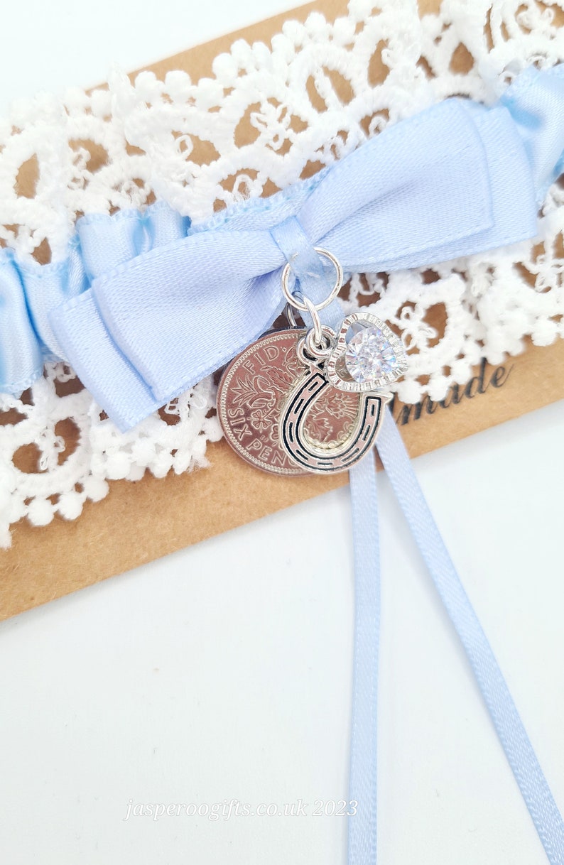 Garter Wedding Something Blue Sixpence Horseshoe Bride Gift Hen Party Free Gift Bag Tag Free Postage 画像 5