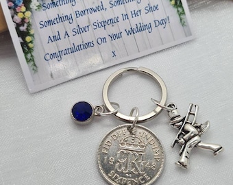 Lucky Six pence, mariée mariage ramonage porte-clés quelque chose de bleu coffret cadeau - étiquette - sac en organza