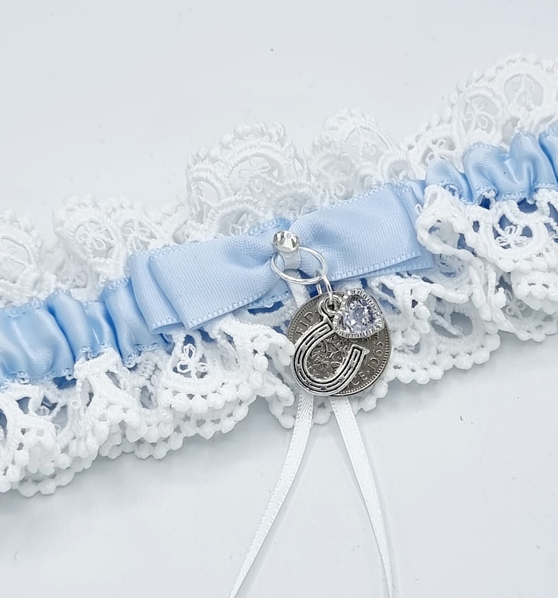 Garter Wedding Something Blue Sixpence Horseshoe Bride Gift Hen Party Free Gift Bag Tag Free Postage 画像 3