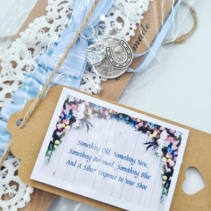 Garter Wedding Something Blue Sixpence Horseshoe Bride Gift Hen Party Free Gift Bag Tag Free Postage image 4