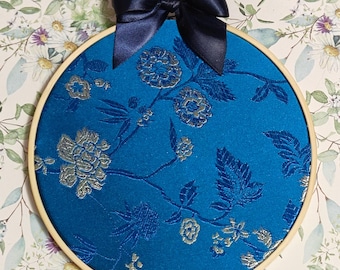 Enamel Pin Hoops -Blue Floral Brocade