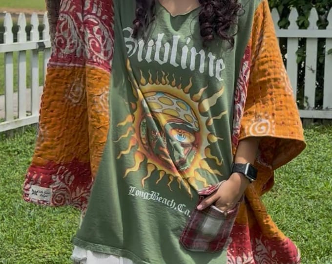 CUSTOM Upcycled Vintage Kantha Poncho Tee - with POCKET made from YOUR t-shirt! Free size