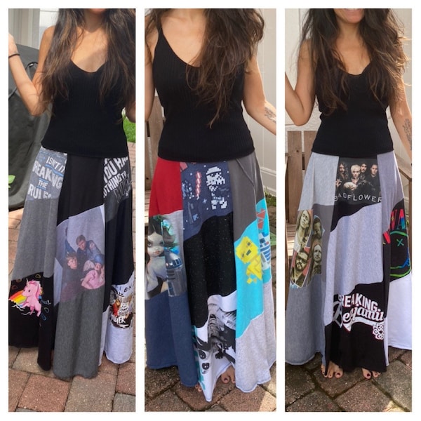 Custom Maxi Skirt Made From YOUR T-Shirts! Long Skirt made from YOUR Upcycled T-Shirts. One of a kind made from your memories