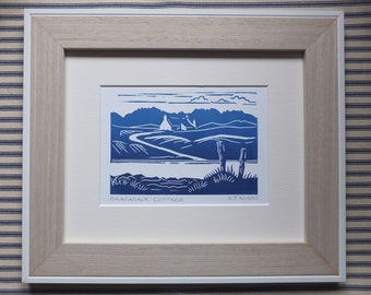 Isle of Skye Art: Linocut print | Cuillins and cottage | Mounted or unmounted