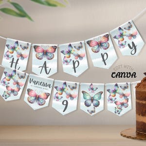 Banderines de mariposas editables para fiestas infantiles personalizadas. Banner imprimible para celebrar cumpleaños infantiles. Edita la plantilla en Canva y descárgala.