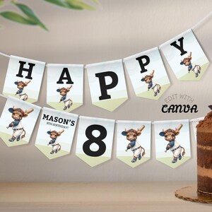 Banderines editables de bate de béisbol para fiestas infantiles personalizadas. Banner imprimible para celebrar cumpleaños infantiles. Edita la plantilla en Canva y descarga.