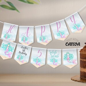 Banderines editables de sirenas para fiestas infantiles personalizadas. Banner imprimible para celebrar cumpleaños infantiles. Edita la plantilla en Canva y descárgala.