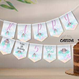 Banderines editables de sirenas para fiestas infantiles personalizadas. Banner imprimible para celebrar cumpleaños infantiles. Edita la plantilla en Canva y descarga.