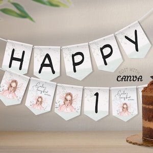 Banderines editables de hadas para fiestas infantiles personalizadas. Banner imprimible para celebrar el cumpleaños de los niños. Edita la plantilla en Canva y descárgala.