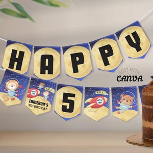 Banderines editables espaciales para fiestas infantiles personalizadas, pancarta imprimible para celebrar cumpleaños infantiles. Edita la plantilla en Canva y descárgala.