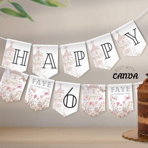 Banderines editables de castillo de hadas para fiestas infantiles personalizadas, pancarta imprimible para celebrar el cumpleaños de los niños. Edita la plantilla en Canva y descárgala.