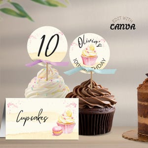スイートケーキ 編集可能なカップケーキトッパーと個人パーティー用のメニューテントカード、子供の誕生日のお祝いの印刷物、Canvaでテンプレートをダウンロード