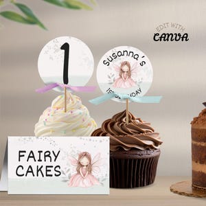 Fairy Firstの編集可能なカップケーキトッパーと個人パーティー用のメニューテントカード、子供の誕生日のお祝いの印刷物、Canvaでテンプレートをダウンロード