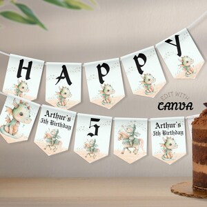 Banderines editables de caballeros para fiestas infantiles personalizadas, pancarta imprimible para celebrar cumpleaños infantiles. Edita la plantilla en Canva y descárgala.