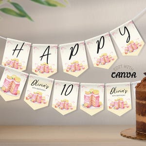 Banderines editables de pasteles dulces para fiestas infantiles personalizadas, pancarta imprimible para celebración de cumpleaños infantil, edita la plantilla en Canva y descarga