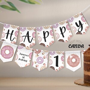 Banderines editables de Donuts Sweet One para fiestas personalizadas, pancarta imprimible para celebración de cumpleaños infantil, edita la plantilla en Canva y descarga.