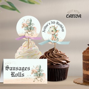 ナイト編集可能なカップケーキトッパーと個人パーティー用メニューテントカード、子供の誕生日のお祝いの印刷物、Canvaでテンプレートをダウンロード