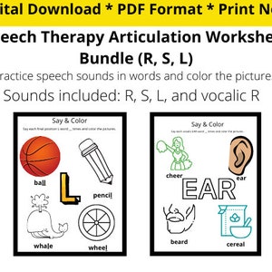 Speech and Language Articulation Therapy worksheets, R S L sounds, Home Practice words & Color, at home speech therapy worksheet, vocabulary
