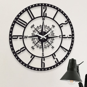 Metalowy zegar ścienny XXL, minimalistyczny metalowy zegar ścienny z kompasem, zabytkowy czarny zegar artystyczny, nowoczesny, unikalny design, prezent do nowego domu, zegar ścienny do biura