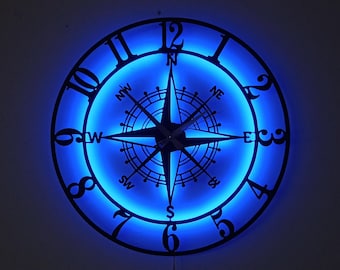 Led beleuchtete Kompass-Wanduhr aus Metall, Metall-Wanduhr, Uhr für die Wand, Nachttischlampenuhr, Nachtlichtuhr, Kompass-Nachtlampenuhr