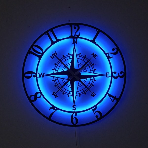 Orologio da parete con bussola in metallo illuminato a led, orologio da parete in metallo, orologio da parete, orologio da comodino, orologio con luce notturna, orologio con lampada da notte con bussola