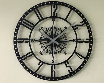 Metal Compass Wall Clock, Oversize Wall Clock, Living room Decor, Metal Wall Art,   Housewarming Gift, Silent Wall Clock, Outdoor Wall Clock