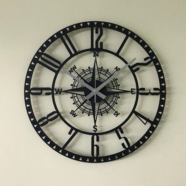 Metal Compass Wall Clock, Oversize Wall Clock, Living room Decor, Metal Wall Art,   Housewarming Gift, Silent Wall Clock, Outdoor Wall Clock