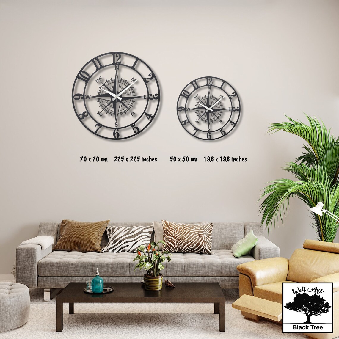 Metal Compass Wall Clock Oversize Wall Clock Living Room Etsy