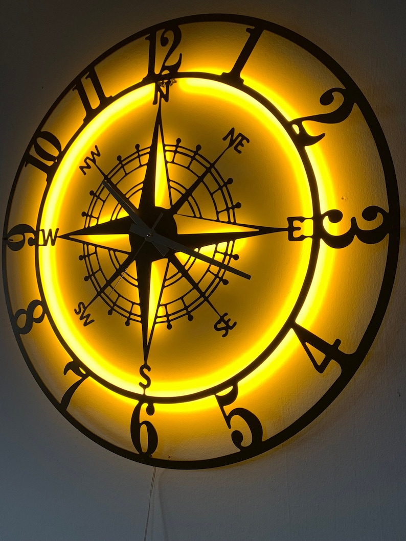 Led Lighted Metal Compass Wall Clock Metal Wall Clock Clock Etsy