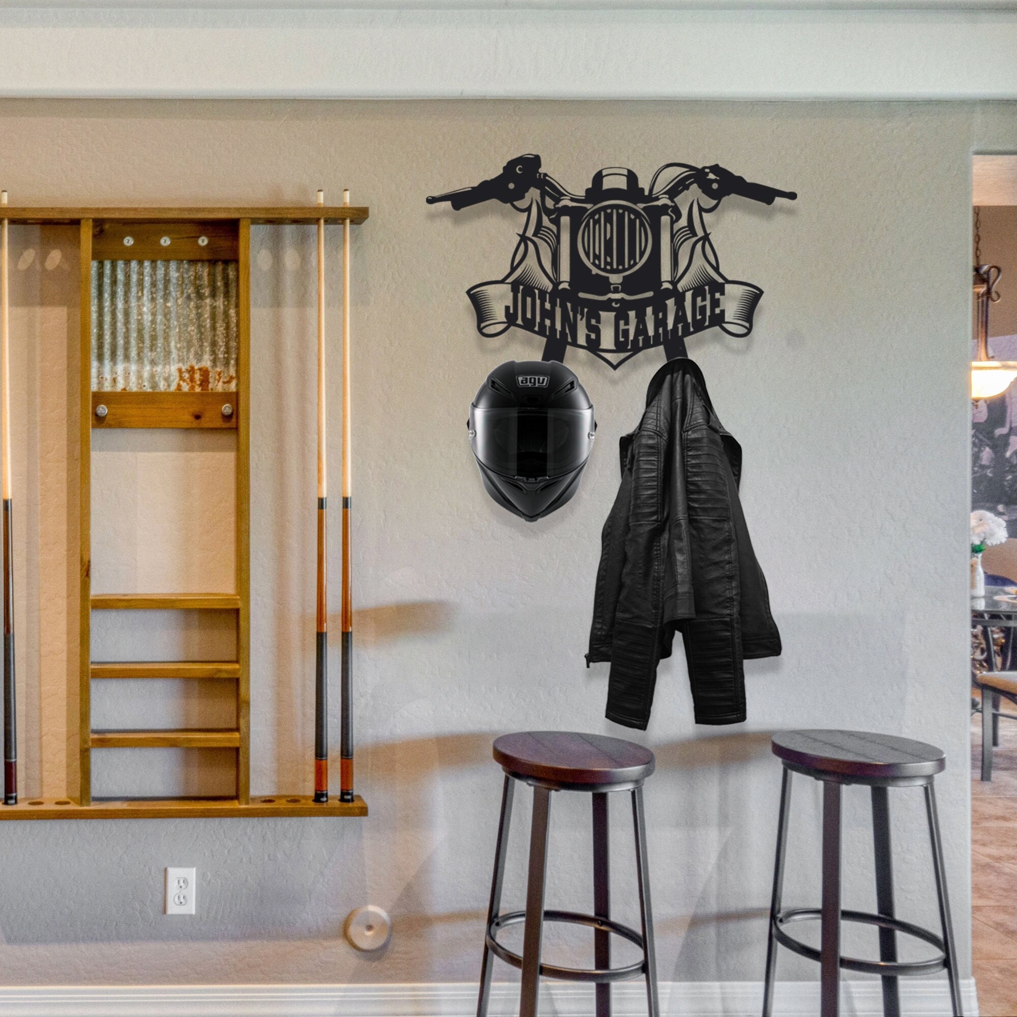 Custom Metal Motorcycle Helmet & Jacket Holder: Garage Decor