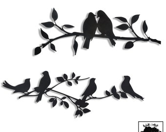 Arte de pared de metal con pájaros en una rama: decoración extragrande de dos piezas