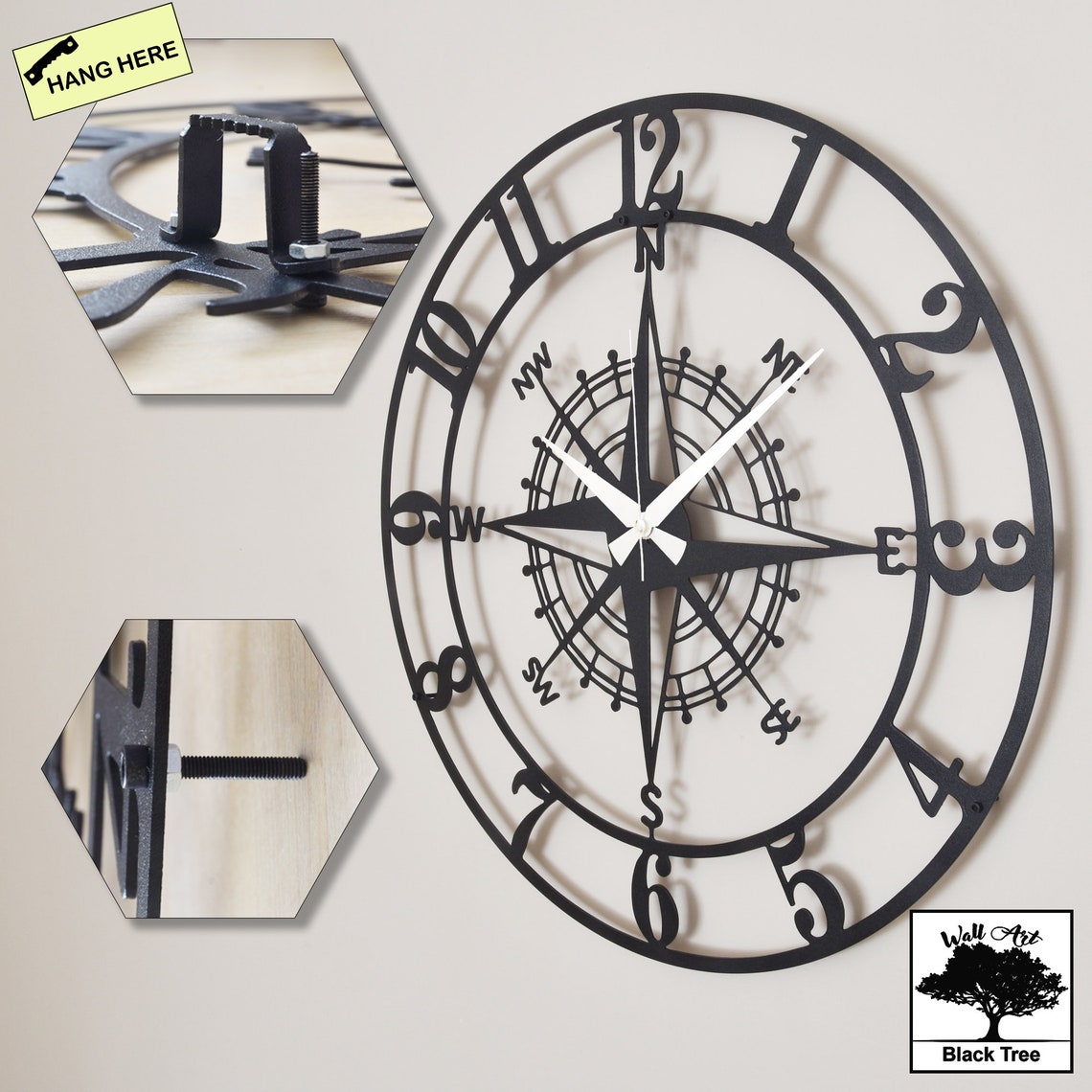 Metal Compass Wall Clock Oversize Wall Clock Living Room Etsy