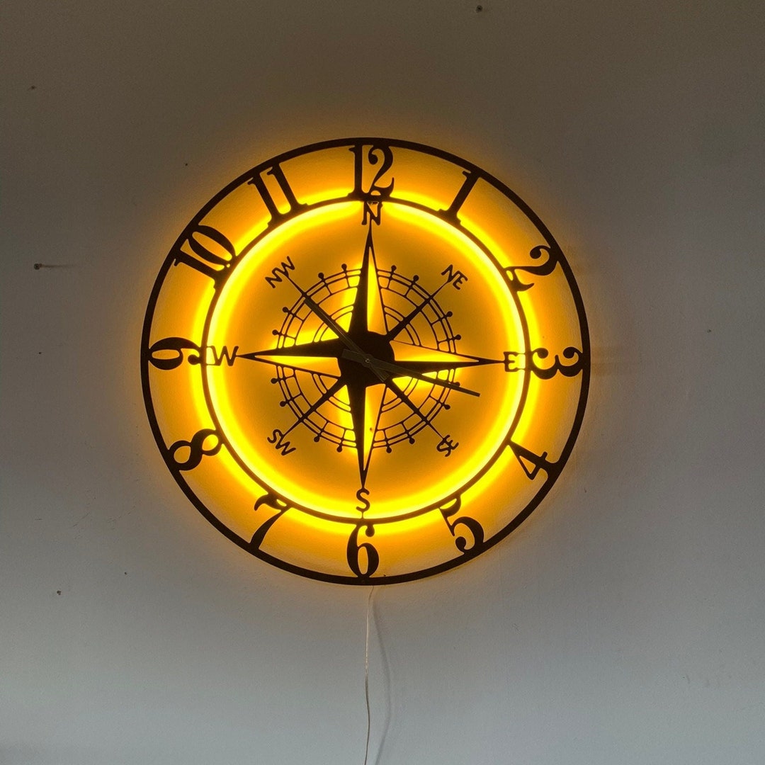 Led Lighted Metal Compass Wall Clock, Metal Wall Clock, Clock for Wall