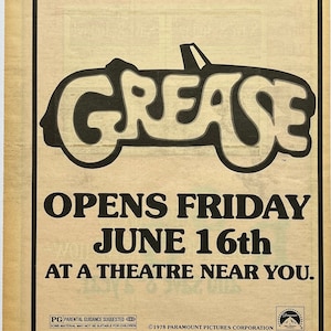 Locandina del film Grease. Manifesto raro, originale, autentico, vintage del 1978