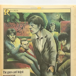May include: Framed vintage Rolling Stone magazine illustration. The artwork depicts a group of men, with a central figure in a grey suit. The illustration has a retro style, with the text "The guys can't help it."