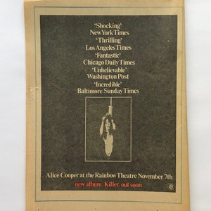 Alice Cooper, Killer. Rare, original, authentic, vintage poster from 1971
