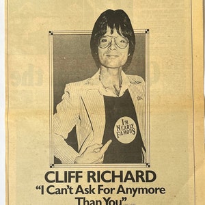 Cliff Richard, I Can&#39;t Ask For Anymore Than You. Rare, original, authentic, vintage poster from 1975