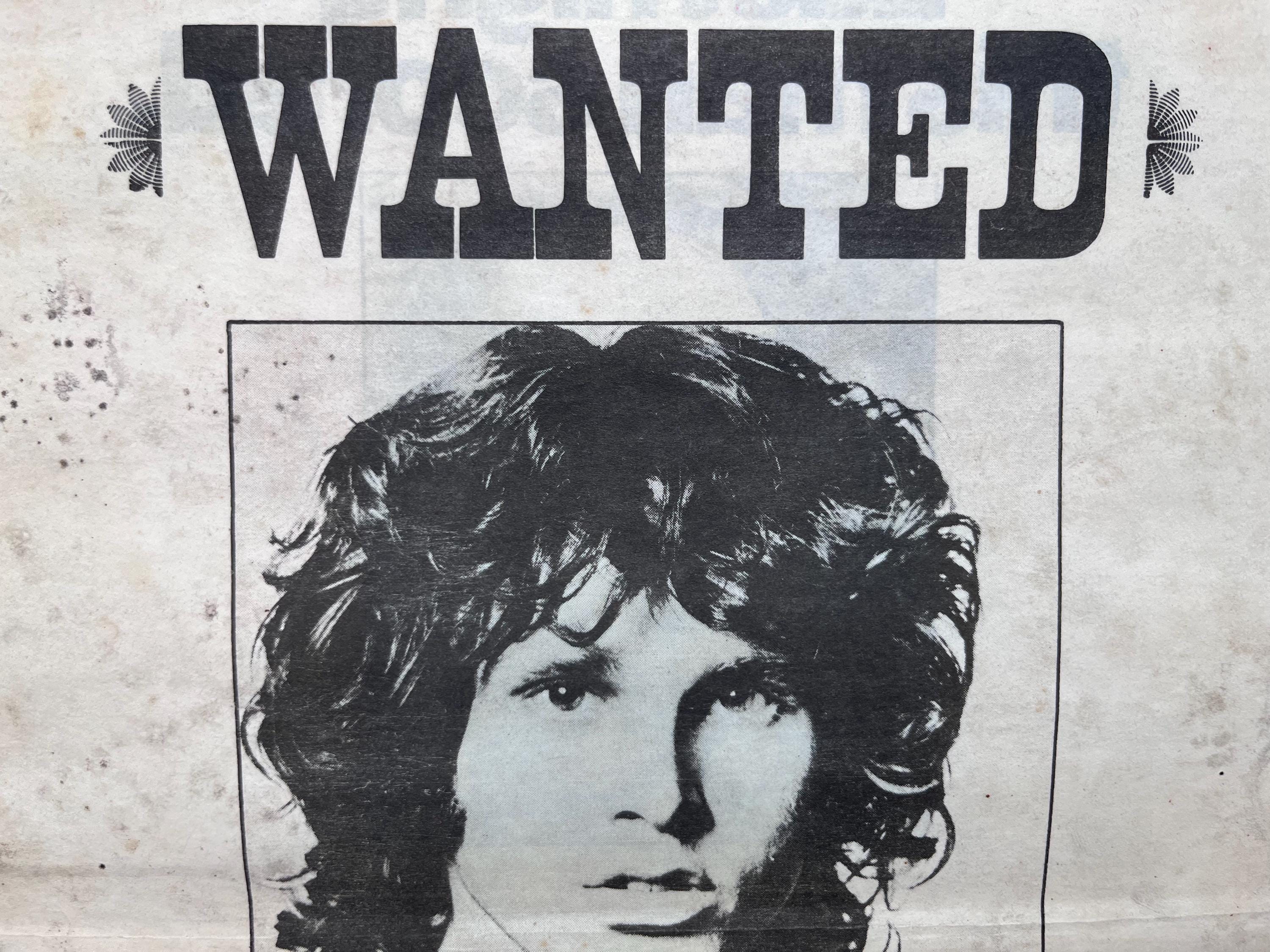 Jim Morrison, Wanted Poster. Rare, Original, Authentic, Vintage